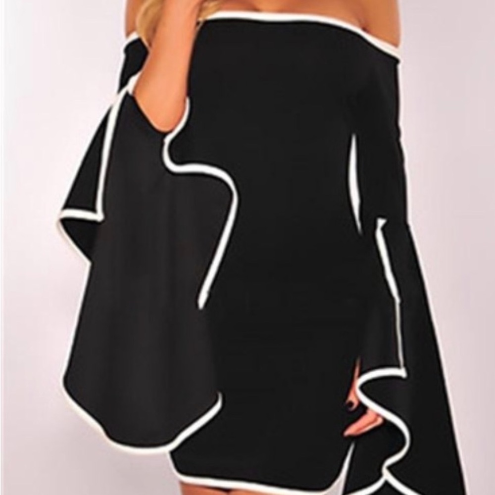 Off-Shoulder Black Ruffle Sleeve Dress with White Trim